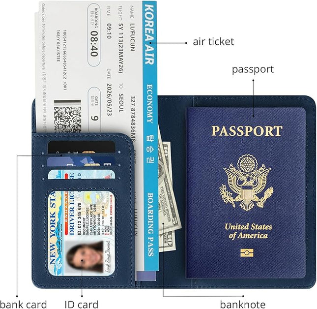 Passport Holder for Travel Essentials,RFID Blocking Passport Cover Wallet Card Case for Women and Men (Dark Blue)