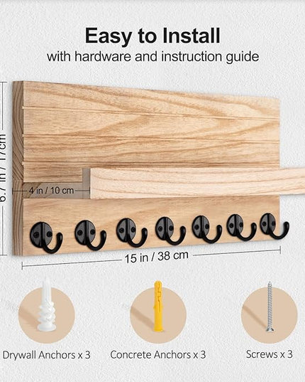 Lwenki Key Holder Wall Mount, Entryway Key and Mail Holder with 7 Sturdy Hooks for Sunglasses, Dog Leash, Decorative Wall Shelf with Mounting Hardware, 15”W x 6.7”H x 4.2”D (Wood)