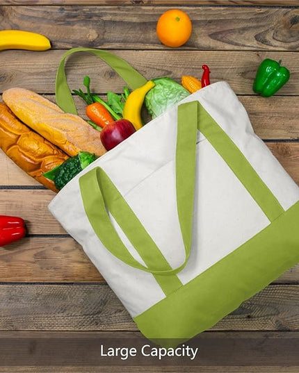TOPDesign 3-Pack Canvas Tote Bags with an External Pocket, Reusable Grocery Shopping Bags, Top Zipper Closure, Daily Essentials (Light Green/Natural)