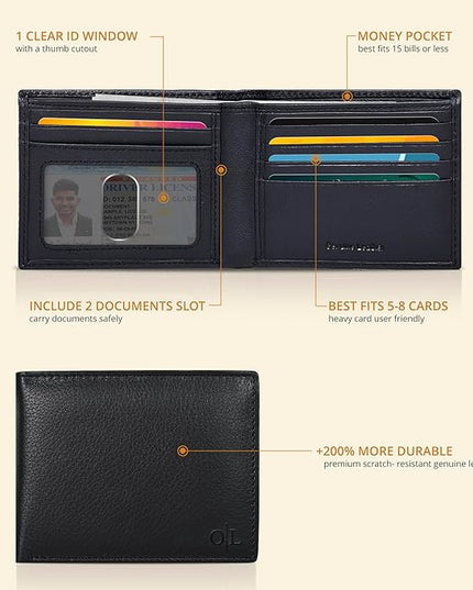 Oak Leathers Slim Leather Wallet for Men - RFID Blocking Slim Minimalist Front Pocket - Thin & Stylish with ID Window, Gift For Men (Black)
