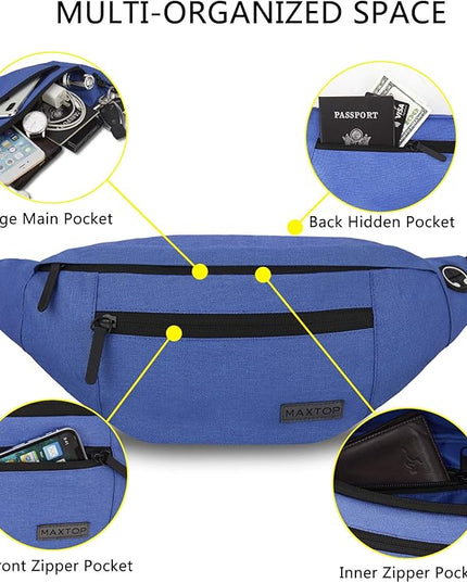 MAXTOP Large Crossbody Fanny Pack with 4-Zipper Pockets,Gifts for Enjoy Sports Festival Workout Traveling Running Casual Hands-Free Wallets Waist Pack Phone Bag Carrying All Phones