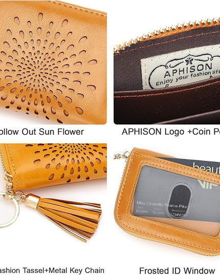 APHISON RFID Credit Card Holder Zipper Card Case Keychain Small Wallet for Women 1927 DARK-YELLOW