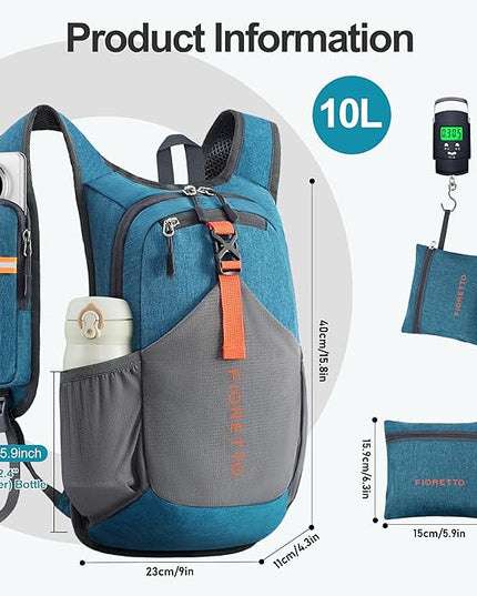 FIORETTO 10L Hiking Backpack for Women Men Mini Packable Backpack Lightweight Small Daypack for Camping Travel Outdoor, Turquoise