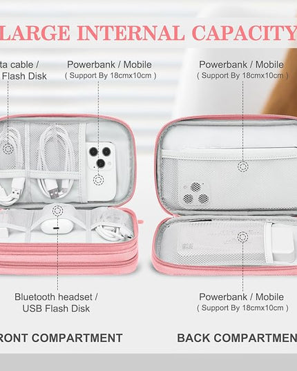 FYY Electronic Organizer, Electronic Accessories Carry Case Portable Waterproof Pouch Double Layers Storage Bag for Travel Cable, Cord, Charger, Phone, Earphone, Medium Size, Pink