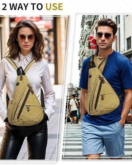 Vintage Canvas Sling Bag with Genuine Leather Zipper, 3 in 1 Crossbody, Backpack, and Chest Bag, for Travel, Hiking, 16x10x6 Inches, Khaki