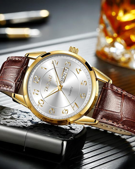 Men Dress Watch Waterproof Leather Watches for Men with Day Date Luxury Large Arabic Numerals Analog Quartz Classic Leather Watch Easy Read relojes para Hombres