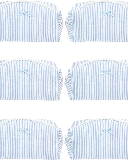 PAZIMIIK 6PCS Cozy Makeup Bag SET Travel Cosmetic Bag for Women Soft Toiletry Bag Aesthetic Makeup Organizer Portable Large Zipper Pouch for Skincare Beauty Accessories Brushes Stripe Blue