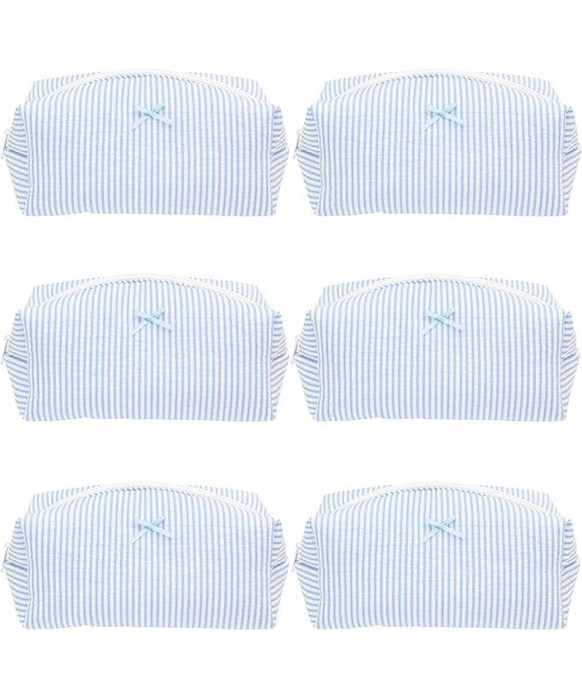 PAZIMIIK 6PCS Cozy Makeup Bag SET Travel Cosmetic Bag for Women Soft Toiletry Bag Aesthetic Makeup Organizer Portable Large Zipper Pouch for Skincare Beauty Accessories Brushes Stripe Blue
