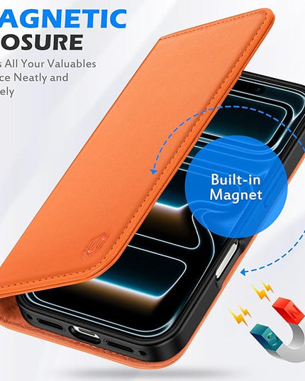 SHIELDON Case Wallet for iPhone 17 Pro 6.3-inch | Genuine Leather, RFID Blocking Credit Card Holder, Magnetic Closure, Folio Design, Kickstand, TPU Soft Full Protective Cover 2025 - Orange