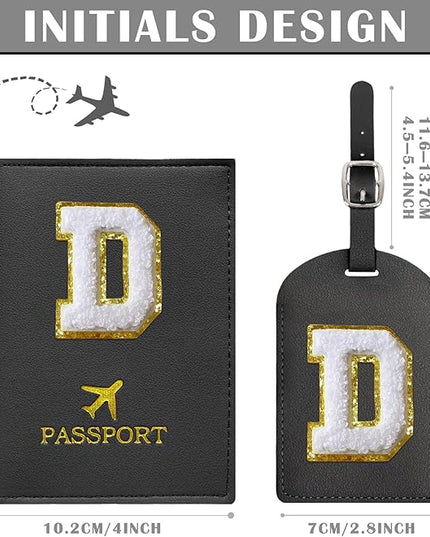 COSHAYSOO Black Initial Passport Cover and Luggage Tag Set TSA Approved with Chenille Letter Patch for Women Teenage Girls, Family Travel Passport Holder Bag Suitcase Cruise Ships Identifier(D)