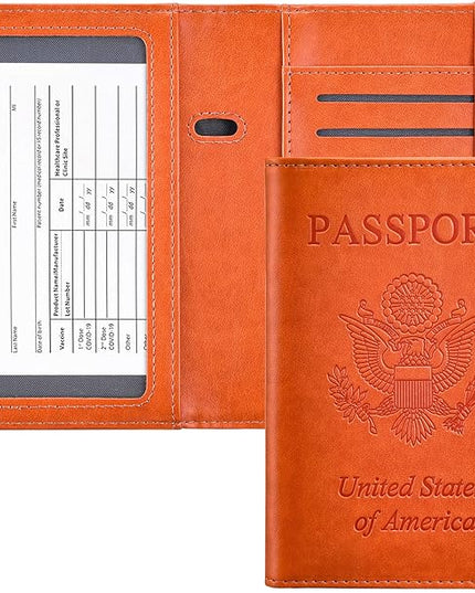 HerriaT Passport and Vaccine Card Holder Combo,Cover Case with CDC Vaccination Card Slot, Leather Travel Documents Organizer Protector, with RFID Blocking, for Women and Men