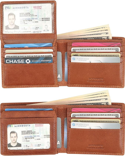 BOTANNER Mens Genuine Leather Flip ID Wallet RFID Blocking 8 Credit Card Slots 2 ID Windows 2 Sections for Bills 3 Hidden Pockets | Tan