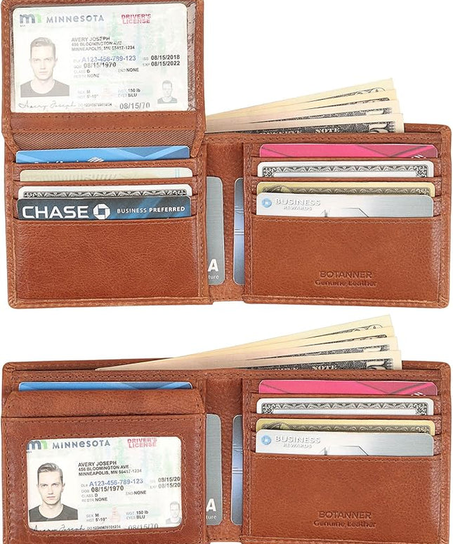 BOTANNER Mens Genuine Leather Flip ID Wallet RFID Blocking 8 Credit Card Slots 2 ID Windows 2 Sections for Bills 3 Hidden Pockets | Tan