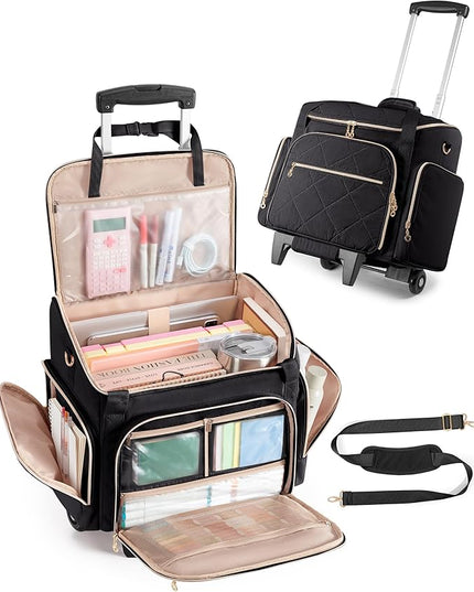Rolling Teacher Bag with 15.6" Laptop Compartment, Wheeled Work Briefcase Tote with Detachable Trolley for Women, Black