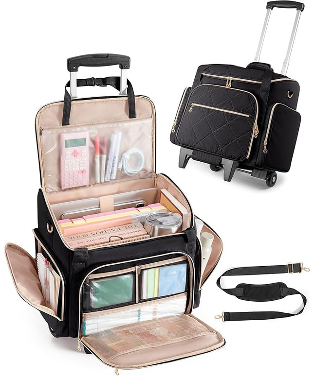 Rolling Teacher Bag with 15.6" Laptop Compartment, Wheeled Work Briefcase Tote with Detachable Trolley for Women, Black