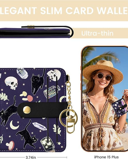 Sodsay Small Slim Wallet Women RFID Blocking, PU Leather Bifold Ladies Wallet with Zipper Coin Pocket, Thin Cute Travel Card Wallets for Girls, Black Cat Gothic