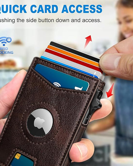 miyozi Airtag Wallet for Men Money Clip 9-Card Pop-Up Credit Card Holder with ID Window RFID Blocking Metal Case Magnetic Closure Front Pocket Wallet Gift Box