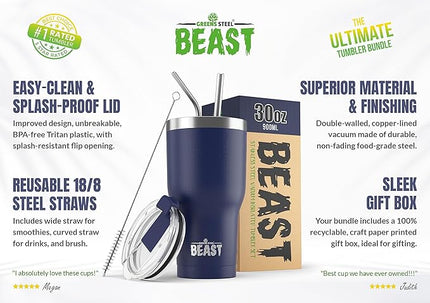 Beast 30 oz Tumbler Stainless Steel Vacuum Insulated Coffee Ice Cup Double Wall Travel Flask (Royal Blue)