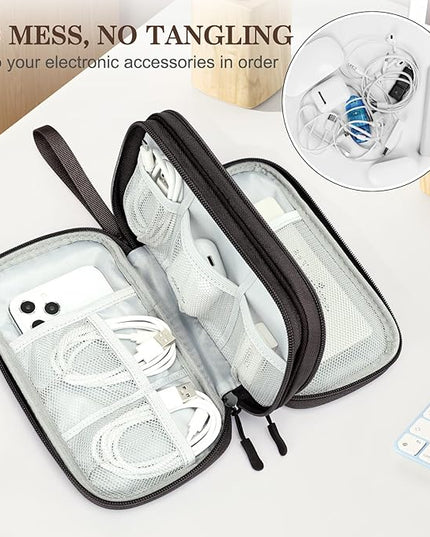 FYY Electronic Organizer, Travel Cable Organizer Bag Pouch Electronic Accessories Carry Case Portable Waterproof Double Layers Storage Bag for Cable, Charger, Phone, Earphone, Medium Size, Coffee