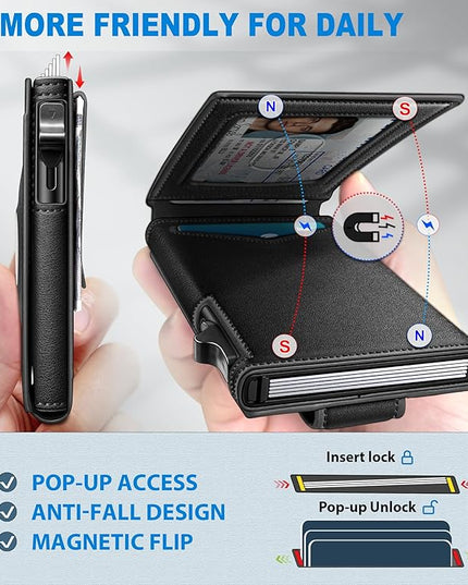 miyozi Airtag Wallet for Men Money Clip 9-Card Pop-Up Credit Card Holder with ID Window RFID Blocking Metal Case Magnetic Closure Front Pocket Wallet Gift Box