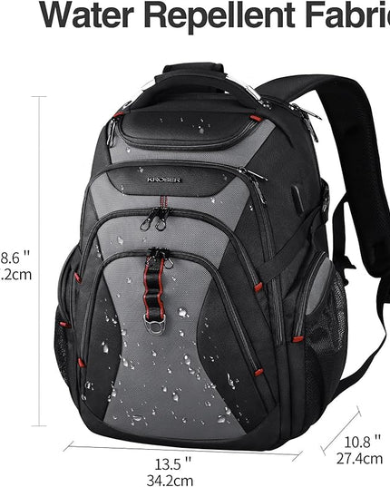 KROSER Travel Laptop Backpack 17.3 Inch XL Computer Backpack with Hard Shell Saferoom RFID Pockets Water-Repellent Business College Daypack Stylish Bag for Men/Women-Black Grey
