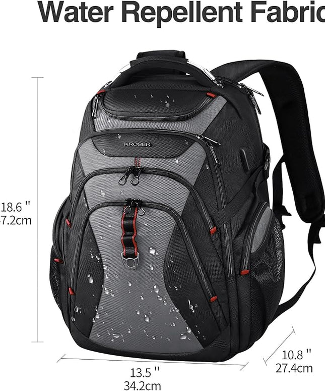 KROSER Travel Laptop Backpack 17.3 Inch XL Computer Backpack with Hard Shell Saferoom RFID Pockets Water-Repellent Business College Daypack Stylish Bag for Men/Women-Black Grey