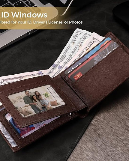 RUNBOX Wallet for Men Bifold RFID Blocking Wallets with 2 ID Window 14 Card Holders 1 cash pocket 1 Gift Box