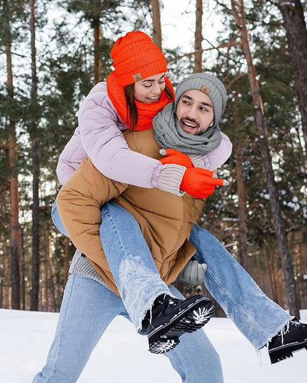 Winter Beanie Hat Scarf Gloves, Warm Fleece Knit Hats Touch Screen Gloves Neck Scarf Set Winter Gifts for Unisex Adult