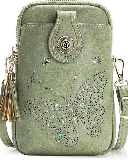 Small Crossbody Bags for Women, Lightweight Mini Cute Cell Phone Purse for Women with Tassel Shining Butterfly