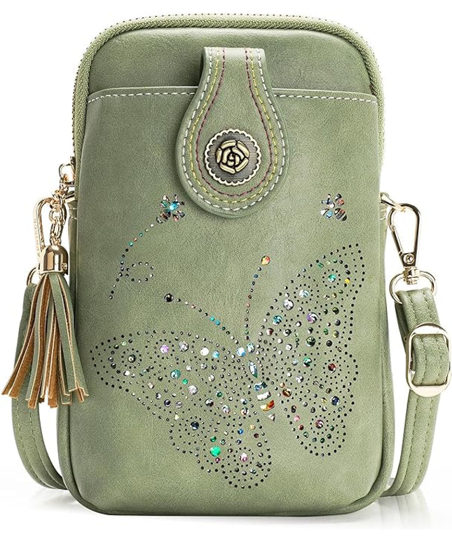 Small Crossbody Bags for Women, Lightweight Mini Cute Cell Phone Purse for Women with Tassel Shining Butterfly