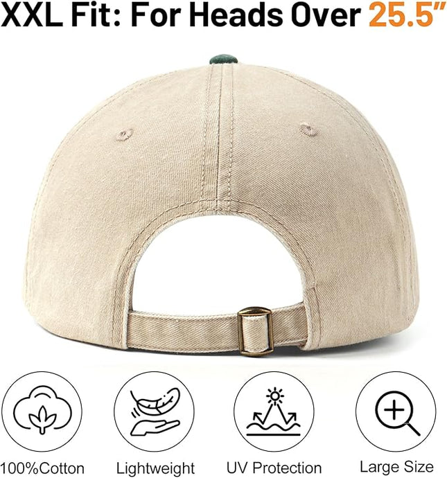 XXL Oversize Washed Denim Baseball Cap,Low Profile Jean Sports Cap for Big Heads 23.5"-25.5",Large Pigment Dyed Dad Hat