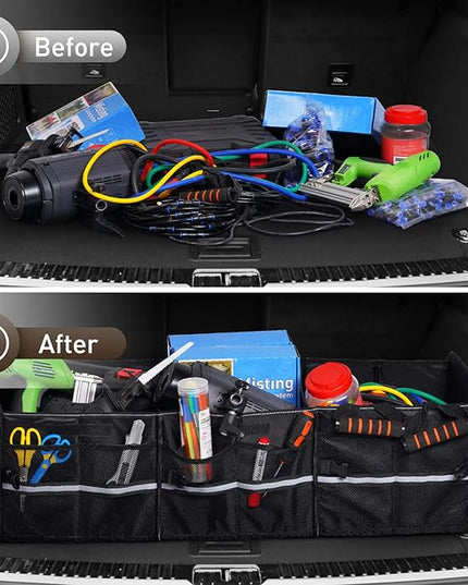 HIRALIY 4 in 1 Car Trunk Storage Organizer with Leakproof Cooler Bag, Multi-Compartment Foldable Trunk Storage Box for Car Truck SUV Black