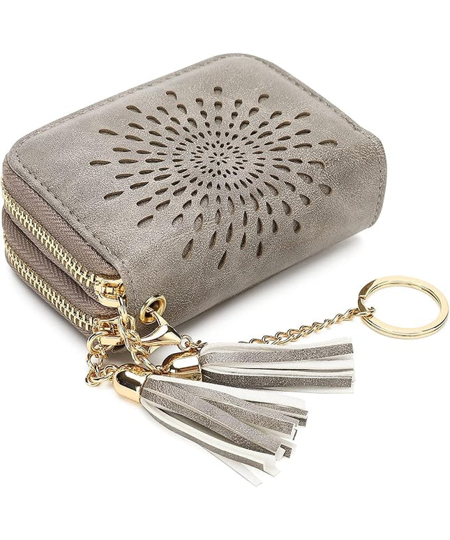 APHISON RFID Credit Card Holder Zipper Card Case Keychain Small Wallet for Women 1942-2 GRAY