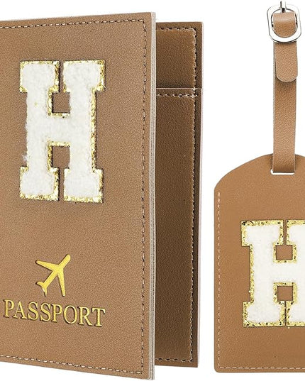 PATIKIL Passport Holder for Travel, Initial Passport Cover and Luggage Tag Set with Alphabet Chenille Letter Patch Travel Wallet Bag Suitcase Identifier for Women Family Travel Brown H