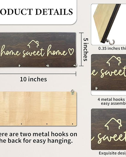 Yhtmbf Sweet Home Wooden Key Holder for Wall - 5"x10" Key Organizer Hanger with 4 Hooks for Front Door Hallway Entryway Kitchen - Home Office Decor & Housewarming Gifts Supplies - A06