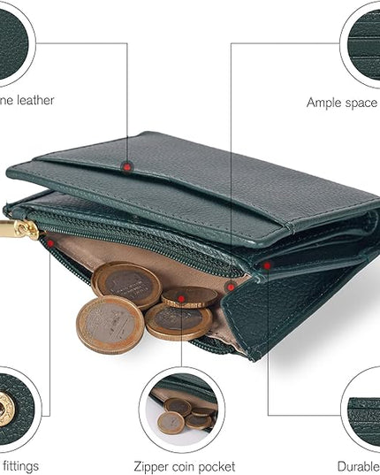Oak Leathers Leather Wallet For Women - Small RFID Coin Purse Credit Card & ID Holder for Ladies, Gift for Women's, Bifold Wallets (Nappa Dark Green)