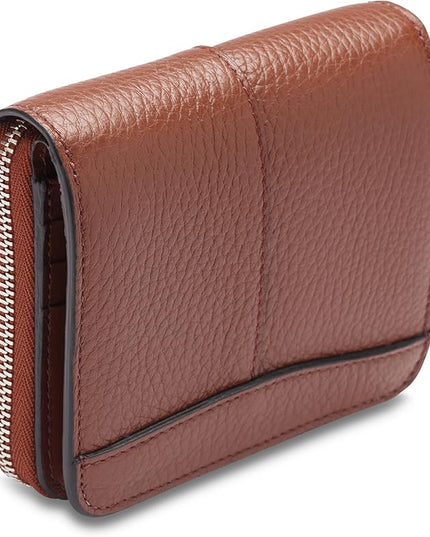 Bosca Women's Italian Leather Wallet, Handmade Bifold Slim Change Purse, 8 Card Slots, Zip Coin Purse, 4 Inches Brown