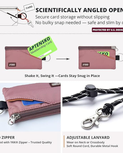 RFID Travel Wallet with Adjustable Lanyard-Zipper Small Wallet with ID Card Holder, Keychain for women&men-Minimalist Slim Waterproof Nylon case for ID, Cash, Key (Warm Mauve)