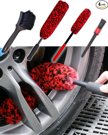 Professional 4 Pack Long Handle Wheel Brush Kit for Cleaning Wheel and Tire- 2X Soft Wheel Cleaning Brush, Detailing Brush and Stiff Tire Brush, Bendable& Durable Wheel Rim Cleaner Brush Set