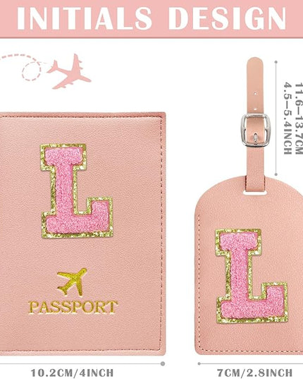 COSHAYSOO Initial Passport Cover Luggage Tag Set Letter Passport Holder Airplane Cruise Travel Essentials Vacation Traveling Accessories Personalized Gifts for Women Teen College Girls Pink L