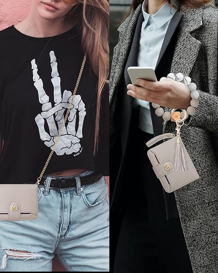 Multi-Purpose Wallet High Capacity Card Holder Zipper Coin Purse with Wristlet Bracelet Keychain Silicone Beaded Bangle Key Ring