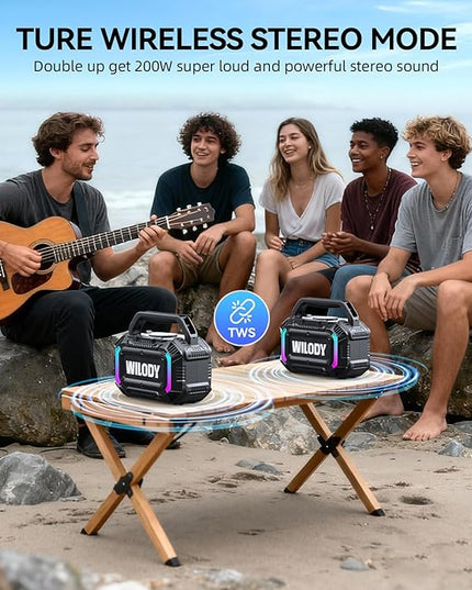 Wilody Speakers Bluetooth Wireless, 100W Loud Outdoor Speaker with Bass, IPX7 Waterproof Floatable, 20H Playtime, Wireless Charge, TWS, RGB Light, Portable Speaker for Work, Garage, Outdoor (Black)