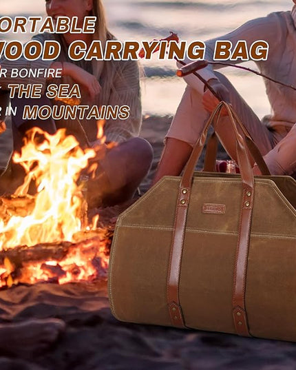 INNO STAGE Log Carrier|Waxed Canvas Log Holder|Firewood Carrier Tote Bag|Fireplace Wood Stove Accessories-Khaki