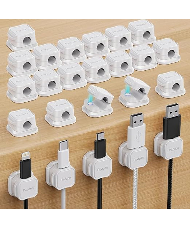 24 Pack Magnetic Cable Clip Organizer Cord Holder, Picozon Adhesive Cable Management, Wire Phone USB Charger Cable Holder, Keeper Organizer for Office Home Desktop Table - White
