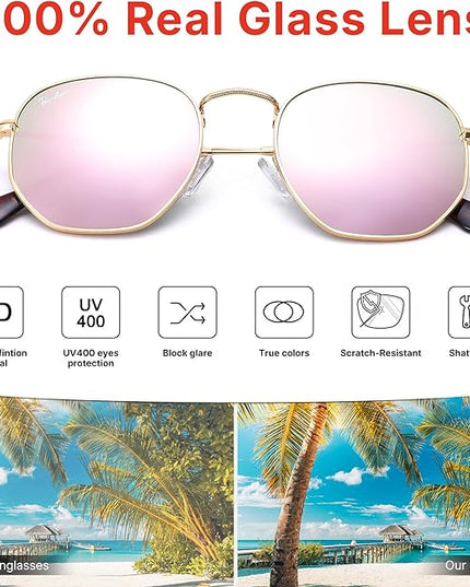 Pro Acme Small Square Sunglasses for Women Men 100% Real Glass Lens Hexagonal Frame