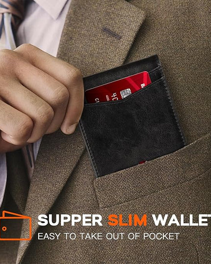 RUNBOX Wallet for Men Slim Leather Bifold RFID Blocking Minimalist Front Pocket Design with Gift Box