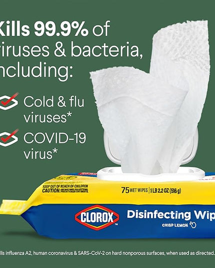 Clorox Disinfecting Wipes, Bleach Free Cleaning, Crisp Lemon, 75 Count (Pack May Vary)