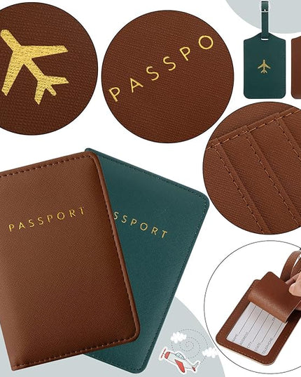 Weewooday 2 Set Mr and Mrs Passport Covers Holder and Luggage Tags Cute Leather Wallets Holder Travel Luggage Tags for Women Men Gift(Blackish Green, Brown)