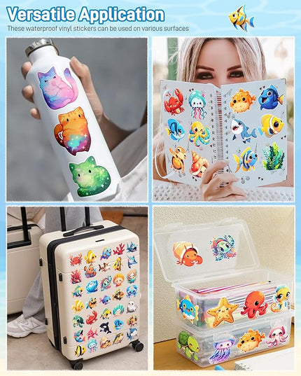 100 Pcs Cartoon Ocean Animal Stickers Pack for Kids Teens Adults,Cute Sea Life Waterproof Vinyl Decals Under The Sea Fish Turtle Stickers for Water Bottles Ocean Theme Party Favors Teacher Rewards