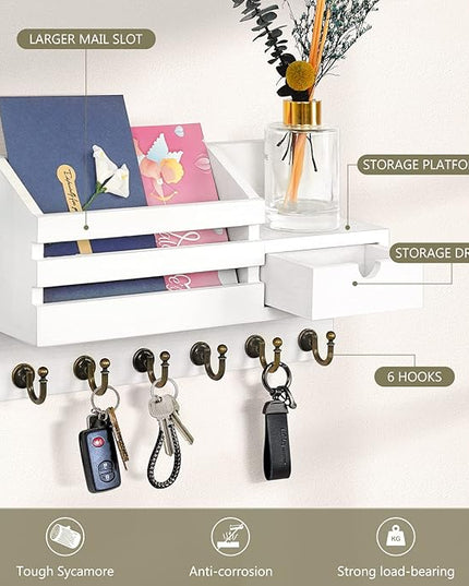 FifthQuarter Key Holder Wall Mount: Key and Mail Holder for Wall with 6 Hooks and Storage Drawer, Easy Installation Key Rack for Entryway Home Decor (A-White)